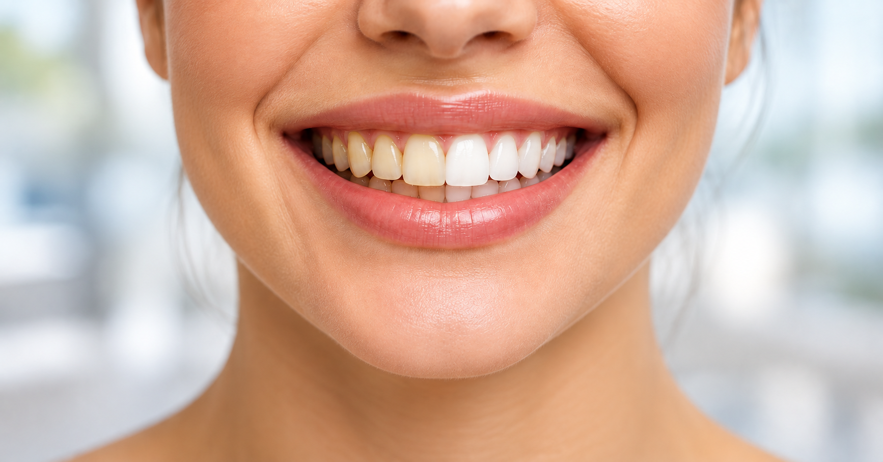 Closeup of woman smiling, half her teeth is yellowed, and the other half is white