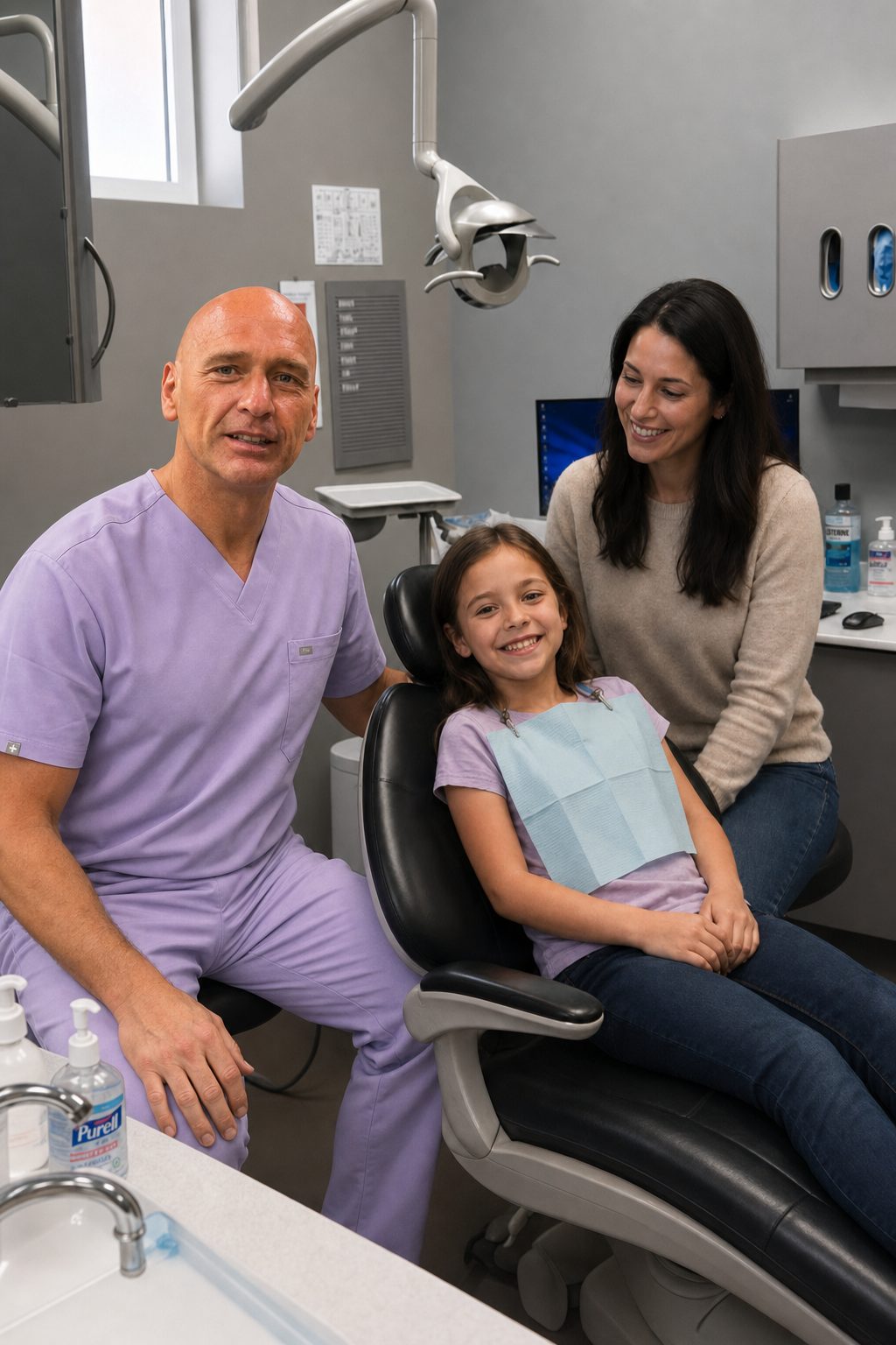 Dr. Dan Anderson with a young patient and parent at Able Family Dental