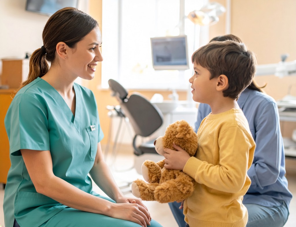 Dental team member greeting a child with a teddy bear at Able Family Dental