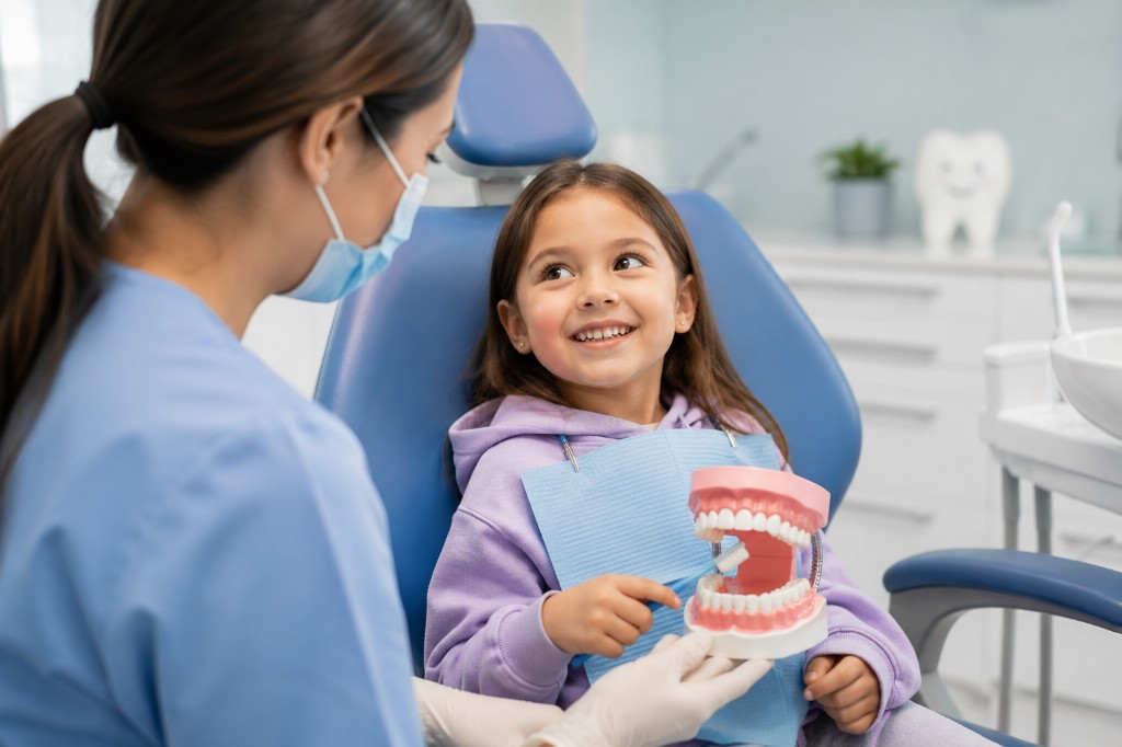 Child learning to brush with a dental model at Able Family Dental