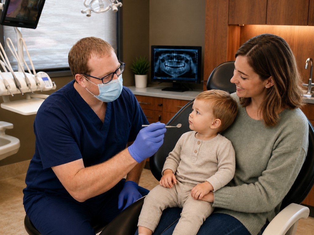 Dentist examining a toddler with mother during an oral care visit