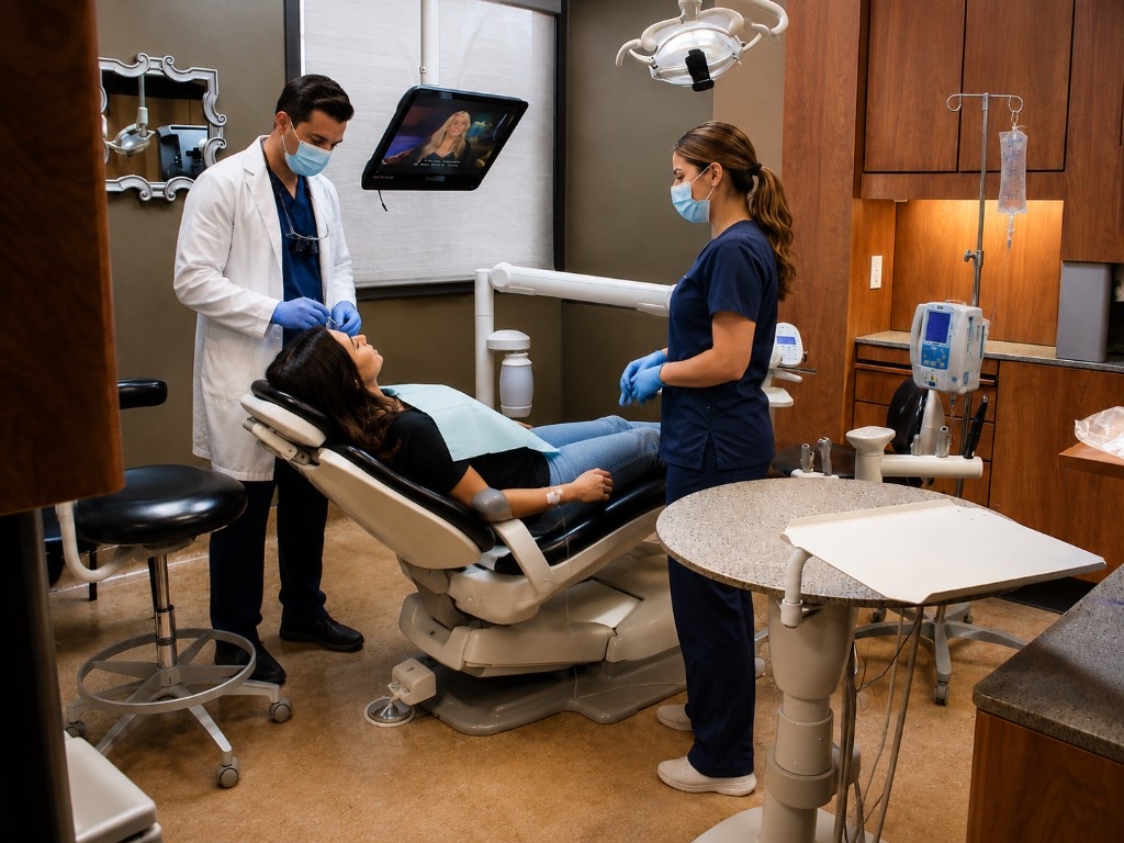 Dental team providing comfortable care with monitoring during a visit